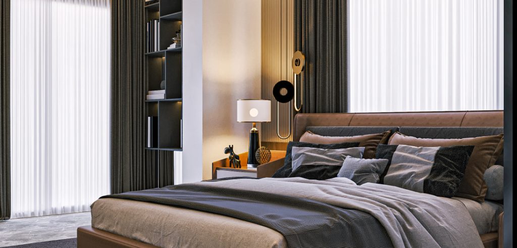 Elegant Modern Bedroom With Leather Headboard And Bookshelf
