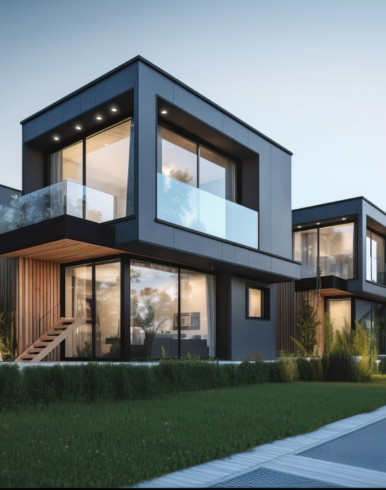 Modern Modular Cube Homes With Glass Balconies And Lawn