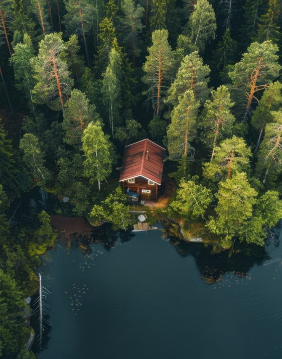Aerial View Of Lakeside Cabin Surrounded By Dense Forest