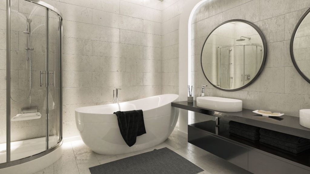 Modern Bathroom With Freestanding Tub And Round Mirrors