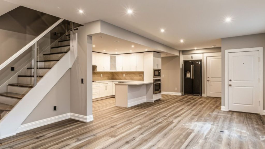Finished Basement With Open Living Space And Kitchen